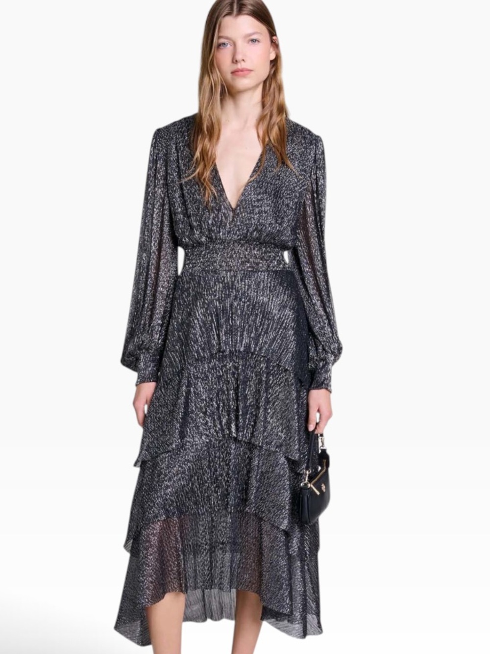 Maje Metallic Ruffled Maxi Dress Black Silver Size M